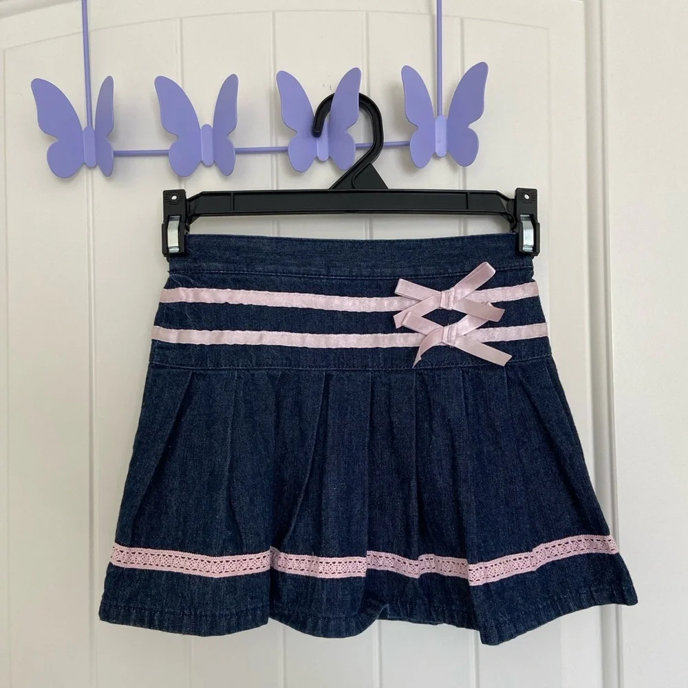 NWOT‎ | Toddler Girl’s denim pleated bow ribbon elastic pull on miniskirt 5T